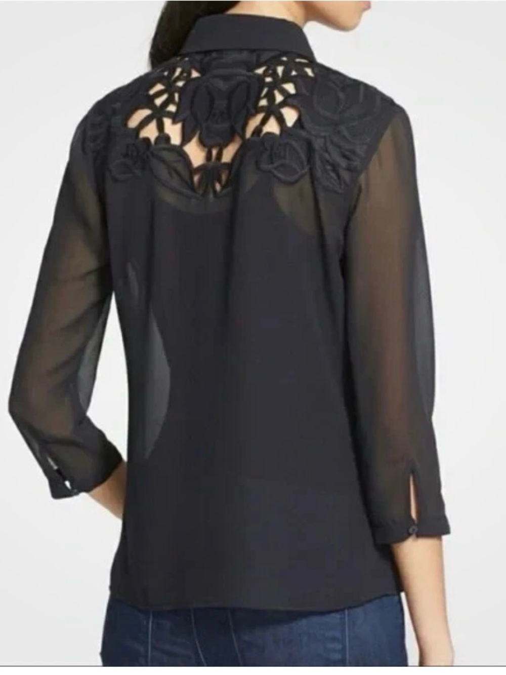 Ted Baker Nelley Black Semi-Sheer Blouse Embroidered Lace Yoke Shirt